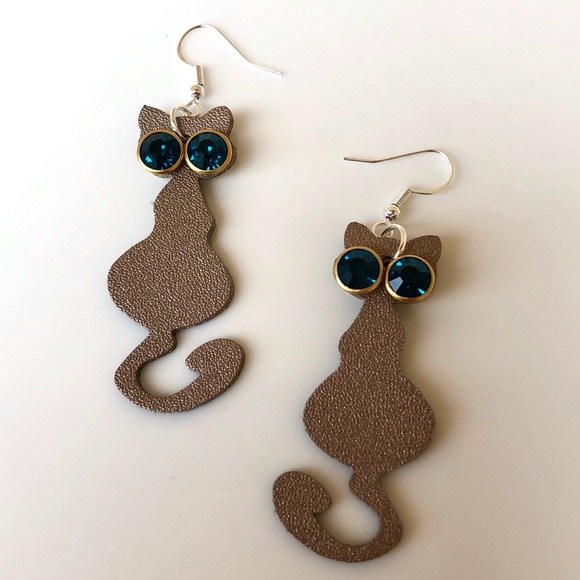 Boho Earrings Vegan Leather Cat Rhinestone NEW - Picture 2 of 5
